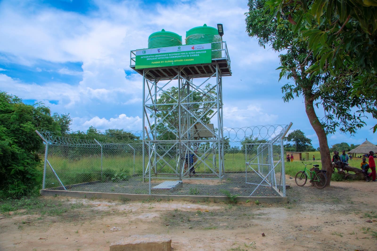 Elevated water tank system installed for community water supply in Zambia